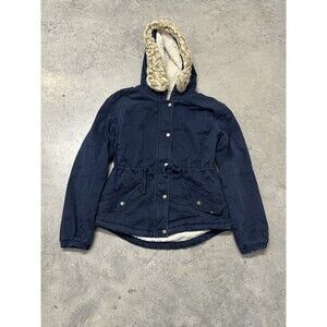 Abercrombie & Fitch Women's Navy Parka Jacket S Hooded Faux Fur Sherpa Lined